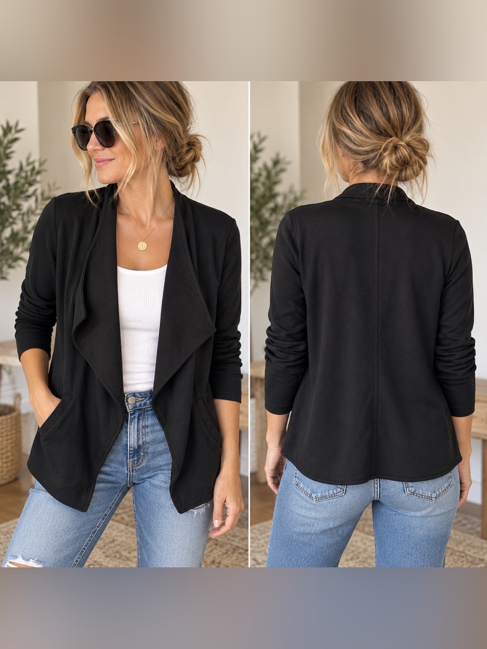Classic Black Draped Open-Front Jacket